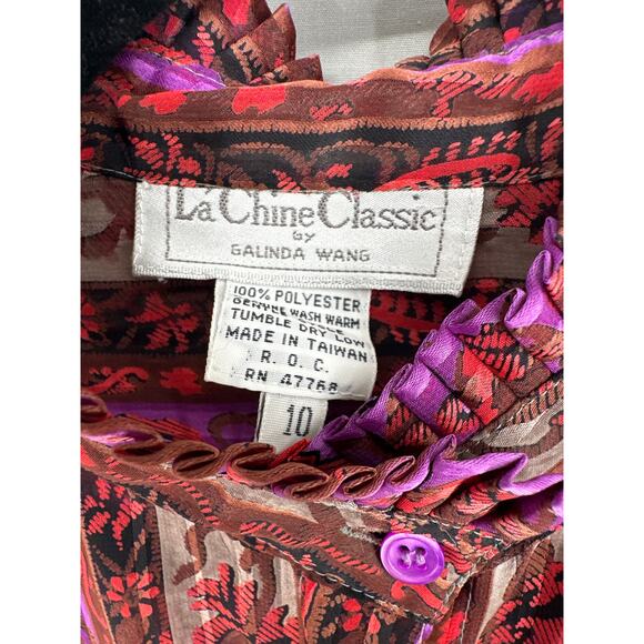 70s Vintage Top Womens Small Pink Paisley Striped Floral Button Chiffon Ruffle - Picture 2 of 6